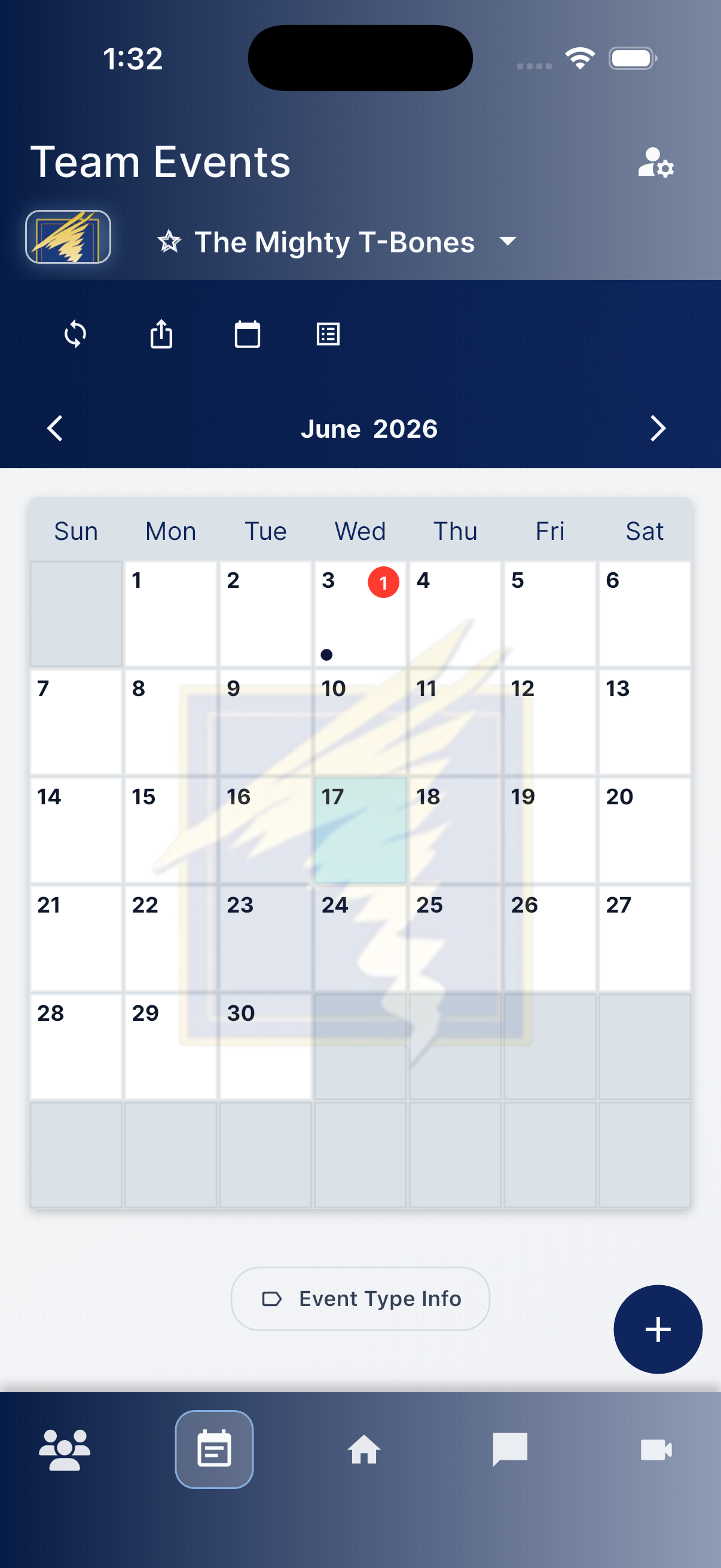 Team events calendar with month view and add event action